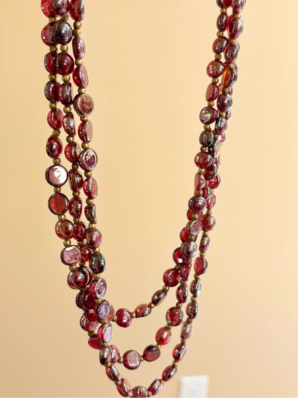 Italian Multi-Strand Red Murano Glass iridescent Bead Necklace Gold Accents 30”